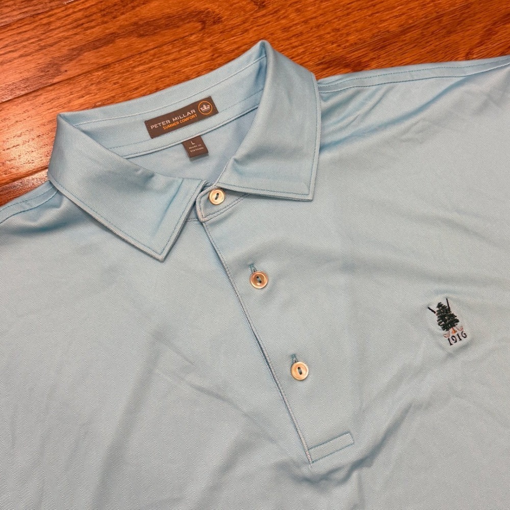 Peter Millar Summer Comfort Golf Polo Shirt Mens Large Light Blue Herringbone